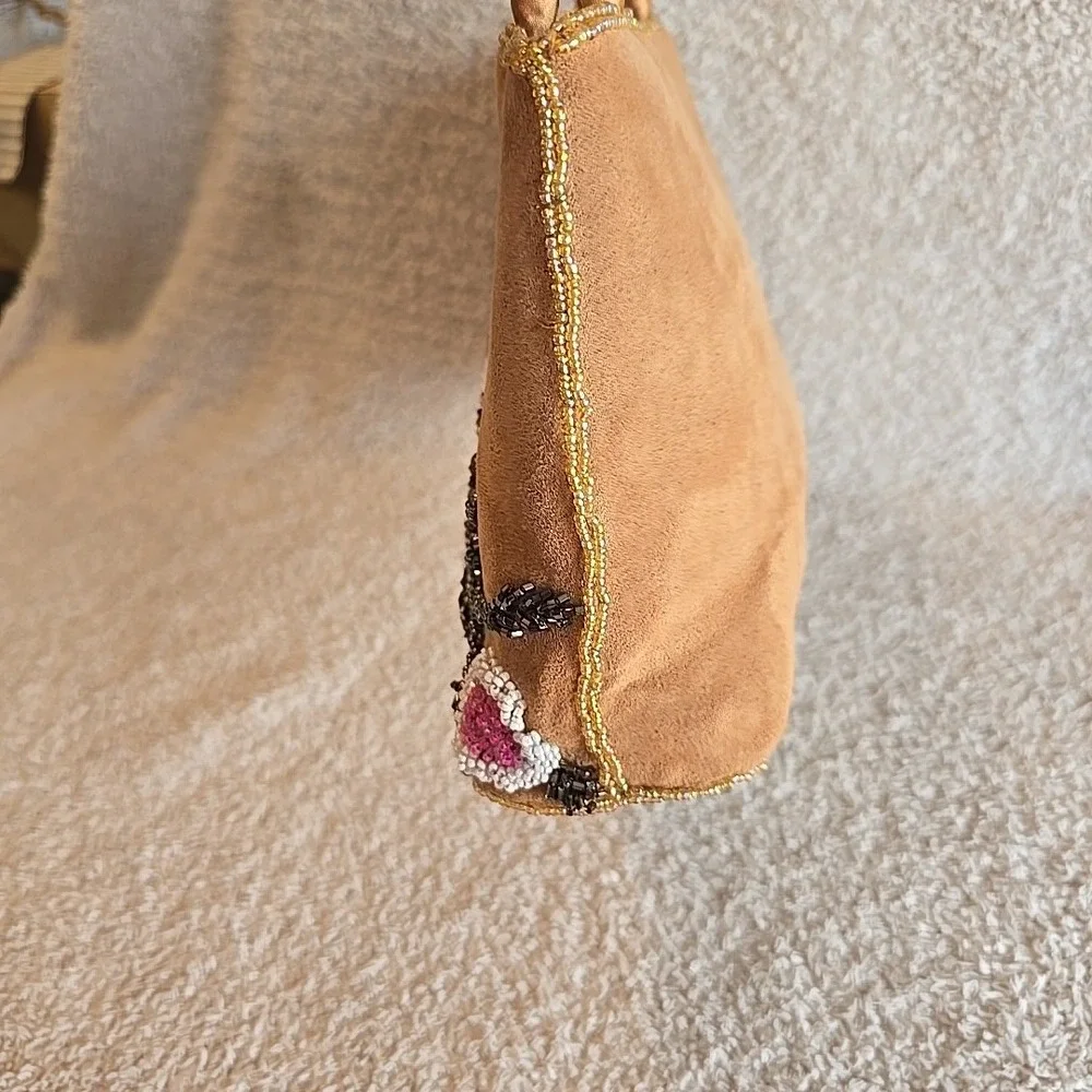 C. Marie Beaded Purse Handbag‎ Brown Suede Floral Design Boho Colorful